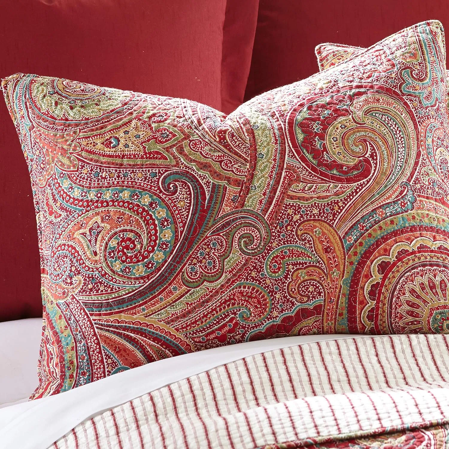 Levtex Home - Spruce Red Quilt Set - King/Cal King Quilt (106x92in.)   Two King Pillow Shams (36x20in.) - Paisley Pattern in Burgundy, Red, Tan, Grey - Reversible - Cotton