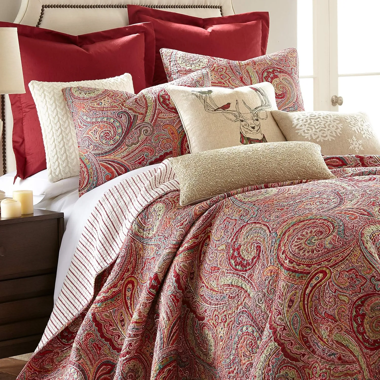 Levtex Home - Spruce Red Quilt Set - King/Cal King Quilt (106x92in.)   Two King Pillow Shams (36x20in.) - Paisley Pattern in Burgundy, Red, Tan, Grey - Reversible - Cotton
