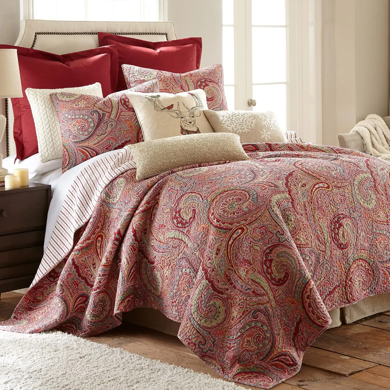 Levtex Home - Spruce Red Quilt Set - King/Cal King Quilt (106x92in.)   Two King Pillow Shams (36x20in.) - Paisley Pattern in Burgundy, Red, Tan, Grey - Reversible - Cotton