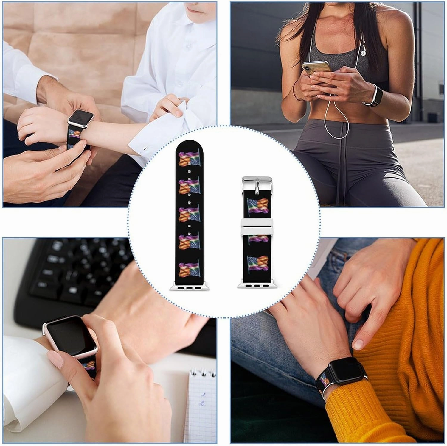 LGBT Rainbow Glitter U.S. Flag Adjustable Silicone Watchband Compatible with IWatch Classic Soft Sports Watch Strap for Men Women