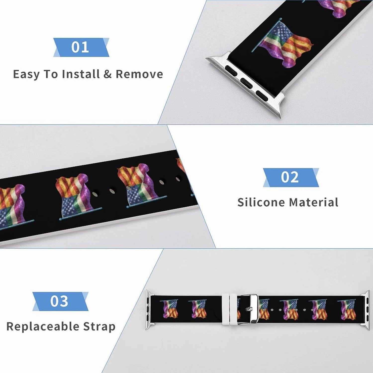 LGBT Rainbow Glitter U.S. Flag Adjustable Silicone Watchband Compatible with IWatch Classic Soft Sports Watch Strap for Men Women
