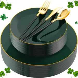 Liacere 150PCS Green Plastic Plates - Gold Plastic Silverware with Green Handle - Disposable Plates Include 30 Guests Plates, Forks, Spoons, Knives for Father's Day&Independence Day
