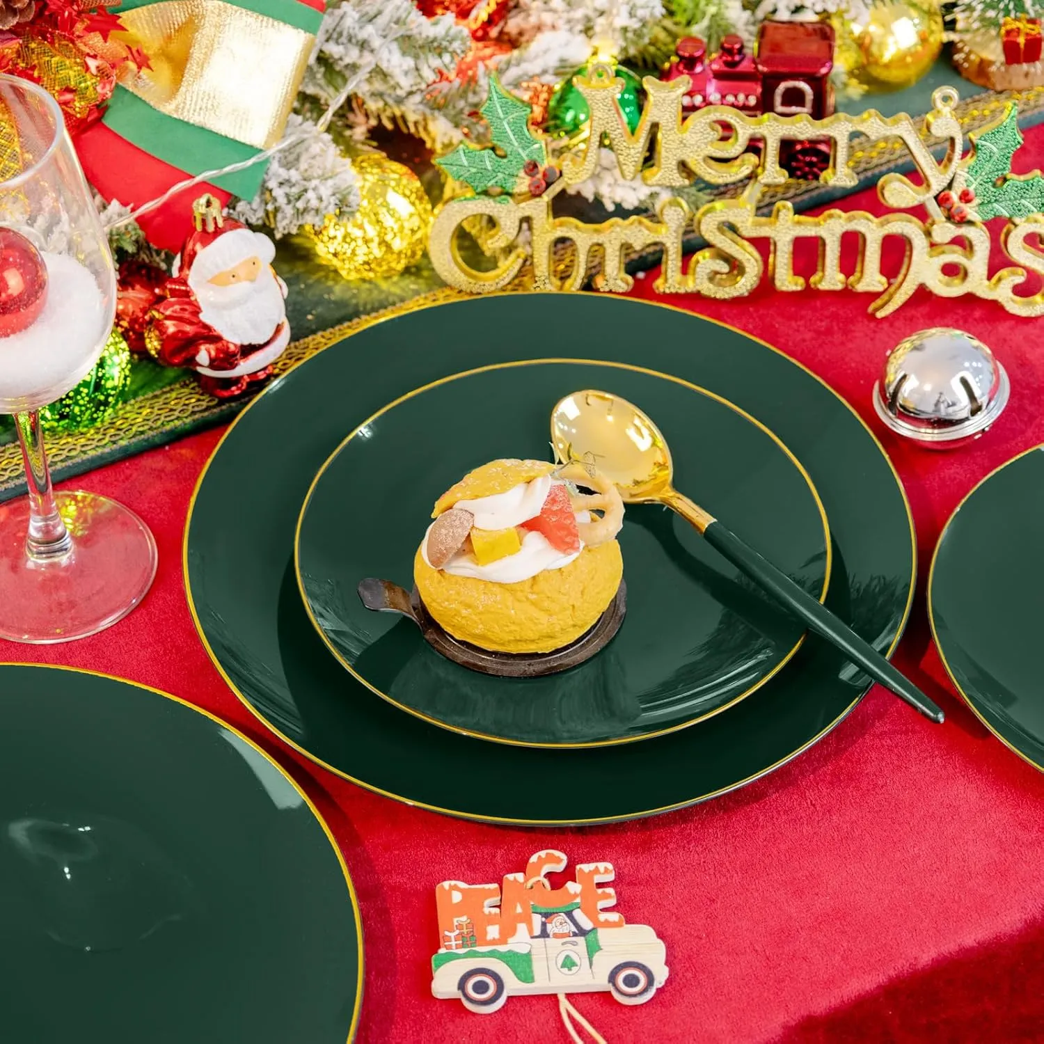 Liacere 150PCS Green Plastic Plates - Gold Plastic Silverware with Green Handle - Disposable Plates Include 30 Guests Plates, Forks, Spoons, Knives for Father's Day&Independence Day