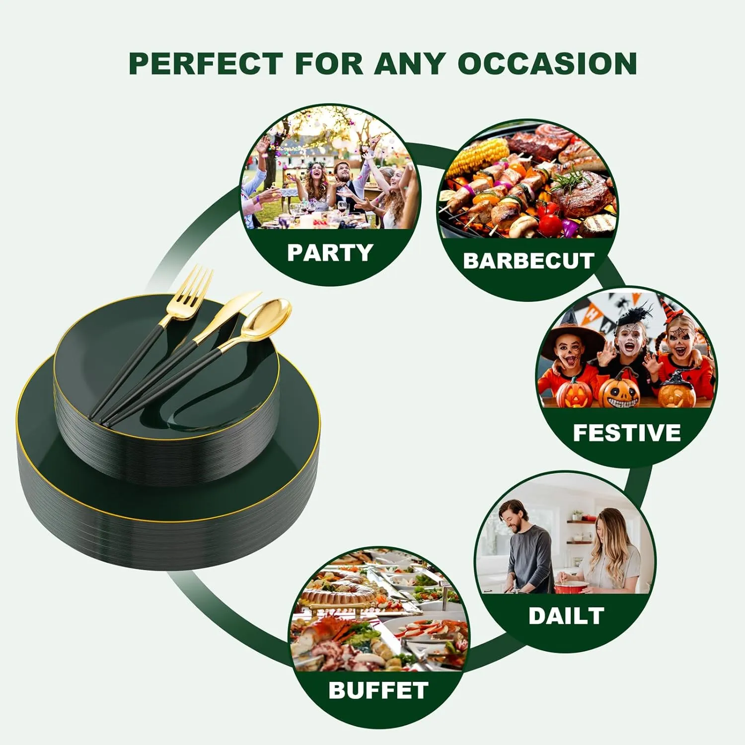 Liacere 150PCS Green Plastic Plates - Gold Plastic Silverware with Green Handle - Disposable Plates Include 30 Guests Plates, Forks, Spoons, Knives for Father's Day&Independence Day