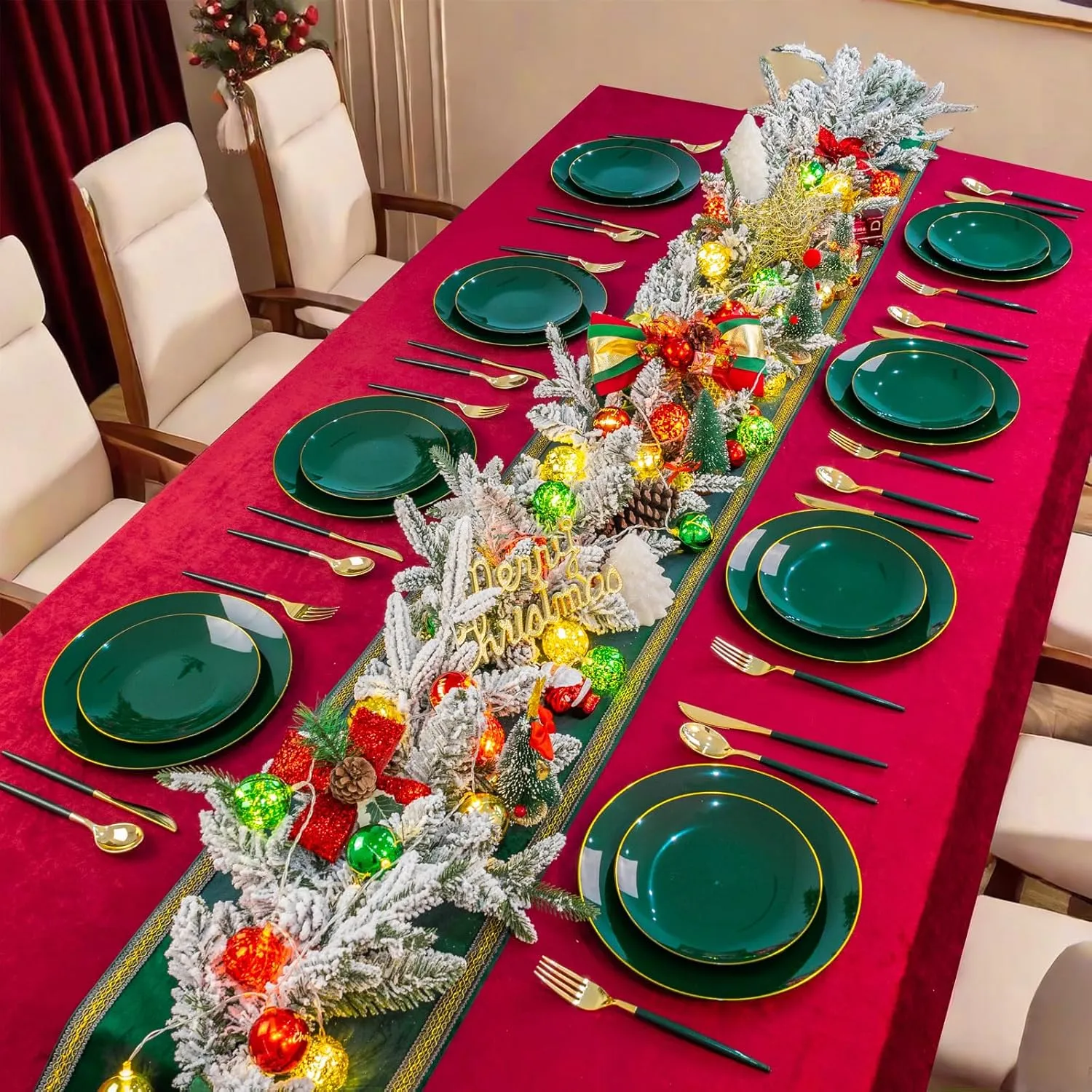 Liacere 150PCS Green Plastic Plates - Gold Plastic Silverware with Green Handle - Disposable Plates Include 30 Guests Plates, Forks, Spoons, Knives for Father's Day&Independence Day