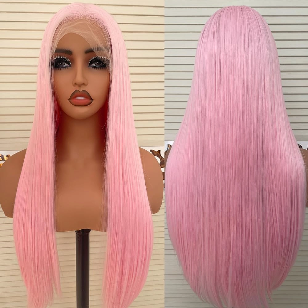 Light Pink Synthetic Lace Front Wig Pre Plucked Wear and Go Wig Glueless Lace Front Wigs for Black Woman Long Long Straight Wig Cosplay 24 Inch