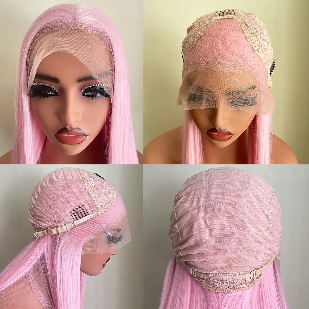 Light Pink Synthetic Lace Front Wig Pre Plucked Wear and Go Wig Glueless Lace Front Wigs for Black Woman Long Long Straight Wig Cosplay 24 Inch