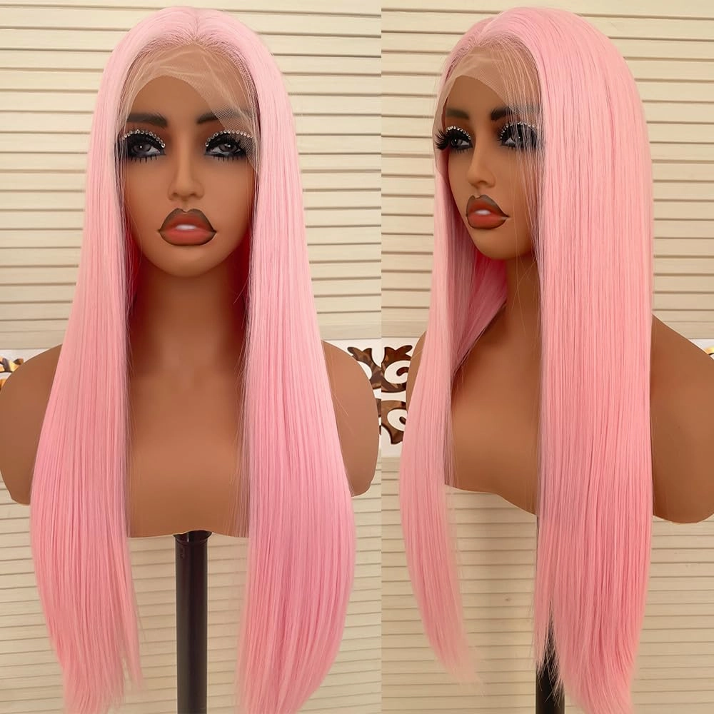 Light Pink Synthetic Lace Front Wig Pre Plucked Wear and Go Wig Glueless Lace Front Wigs for Black Woman Long Long Straight Wig Cosplay 24 Inch