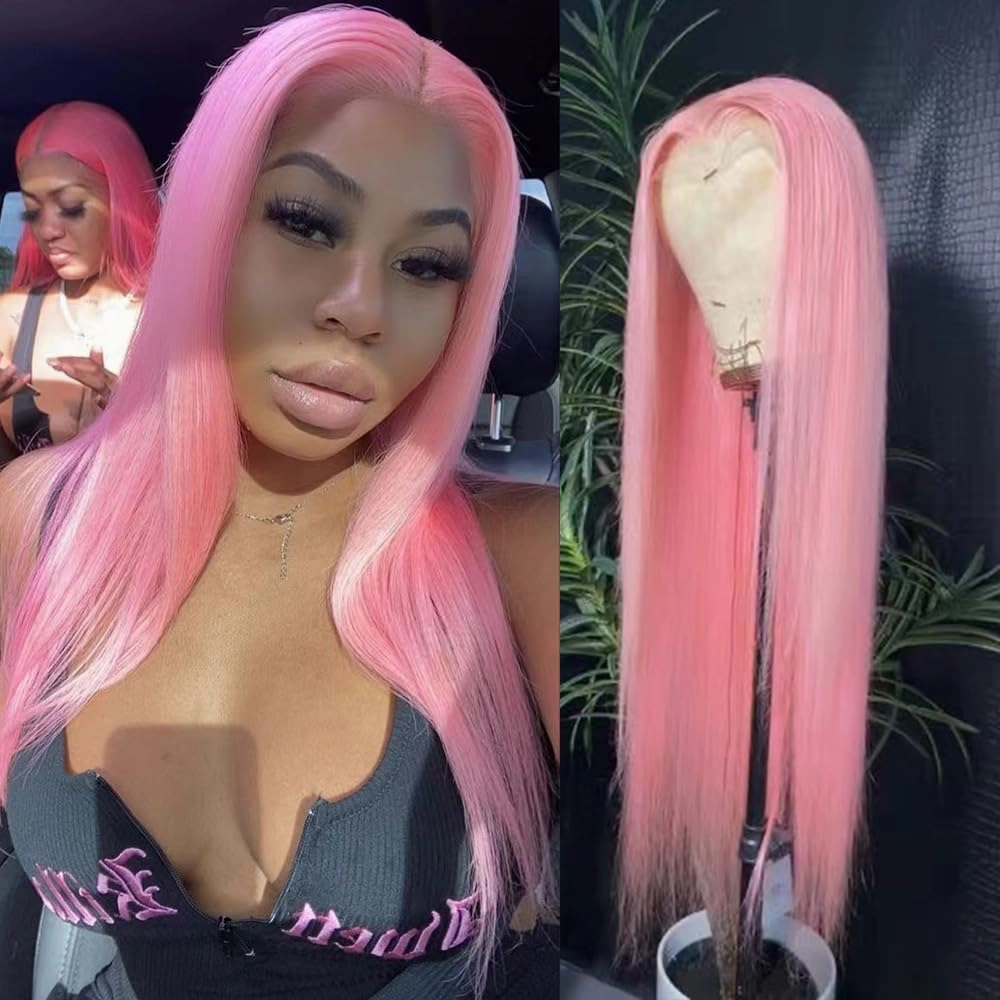 Light Pink Synthetic Lace Front Wig Pre Plucked Wear and Go Wig Glueless Lace Front Wigs for Black Woman Long Long Straight Wig Cosplay 24 Inch