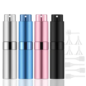 Lil Ray 8ml Portable Mini Perfume Atomizer(4 PCS)，Refillable Empty Small Spray Bottle for Travel, Twist Tpye Pocket Cologne Sprayer (Matte Black, Pink, Blue, Silver)