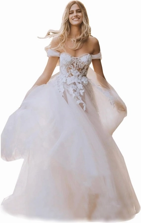 LIPOSA Off-Shoulder Tulle Country Wedding Dress with Appliques for Women, Sweetheart A Line Tulle Reception Bridal Gowns