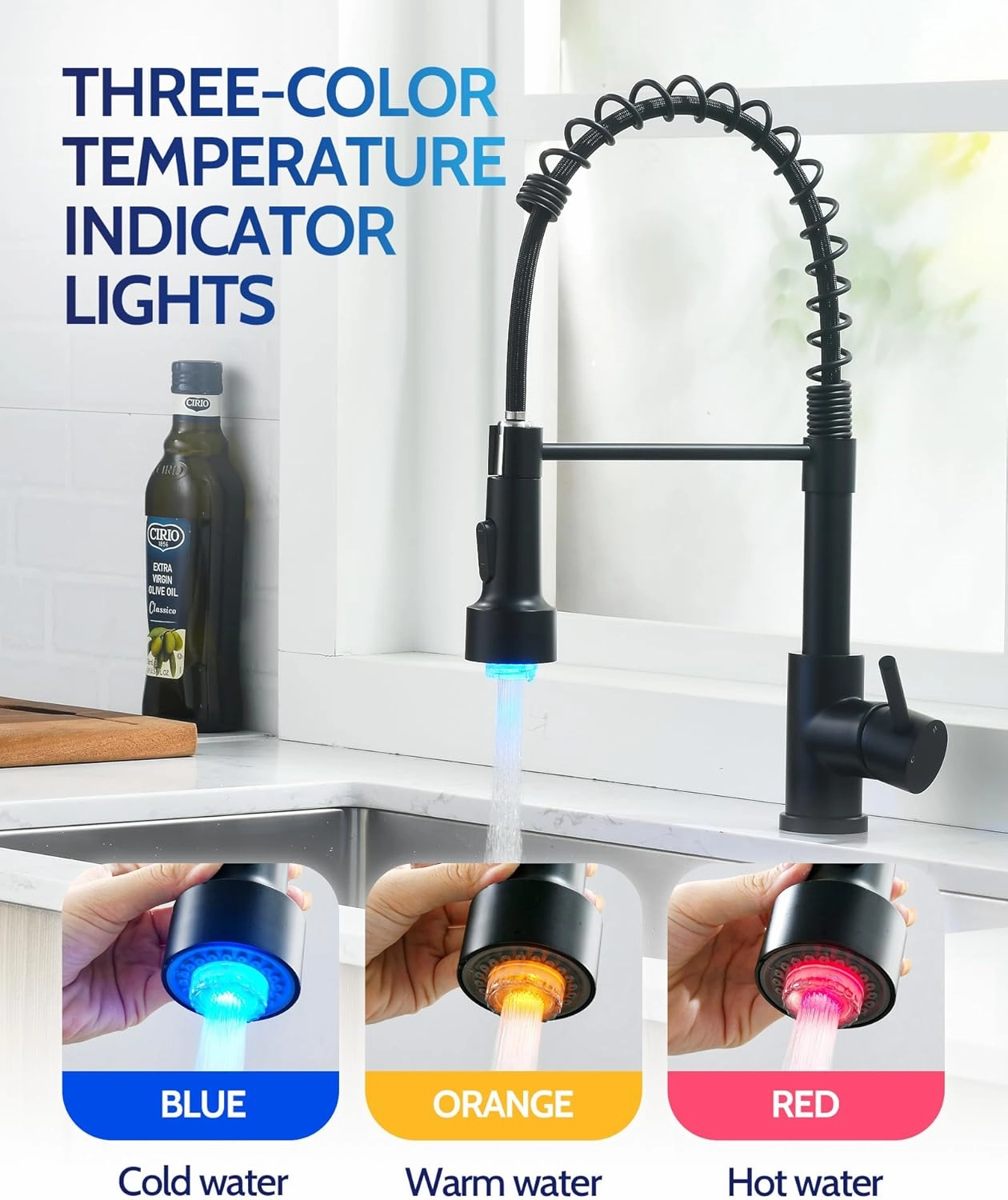 LUFEIDRA Black Kitchen Faucet with Sprayer LED Light, High Arc Kitchen Faucets Single Hole 304 Stainless Steel Kitchen Sink Faucet for Bar Sink Rv, Matte Black