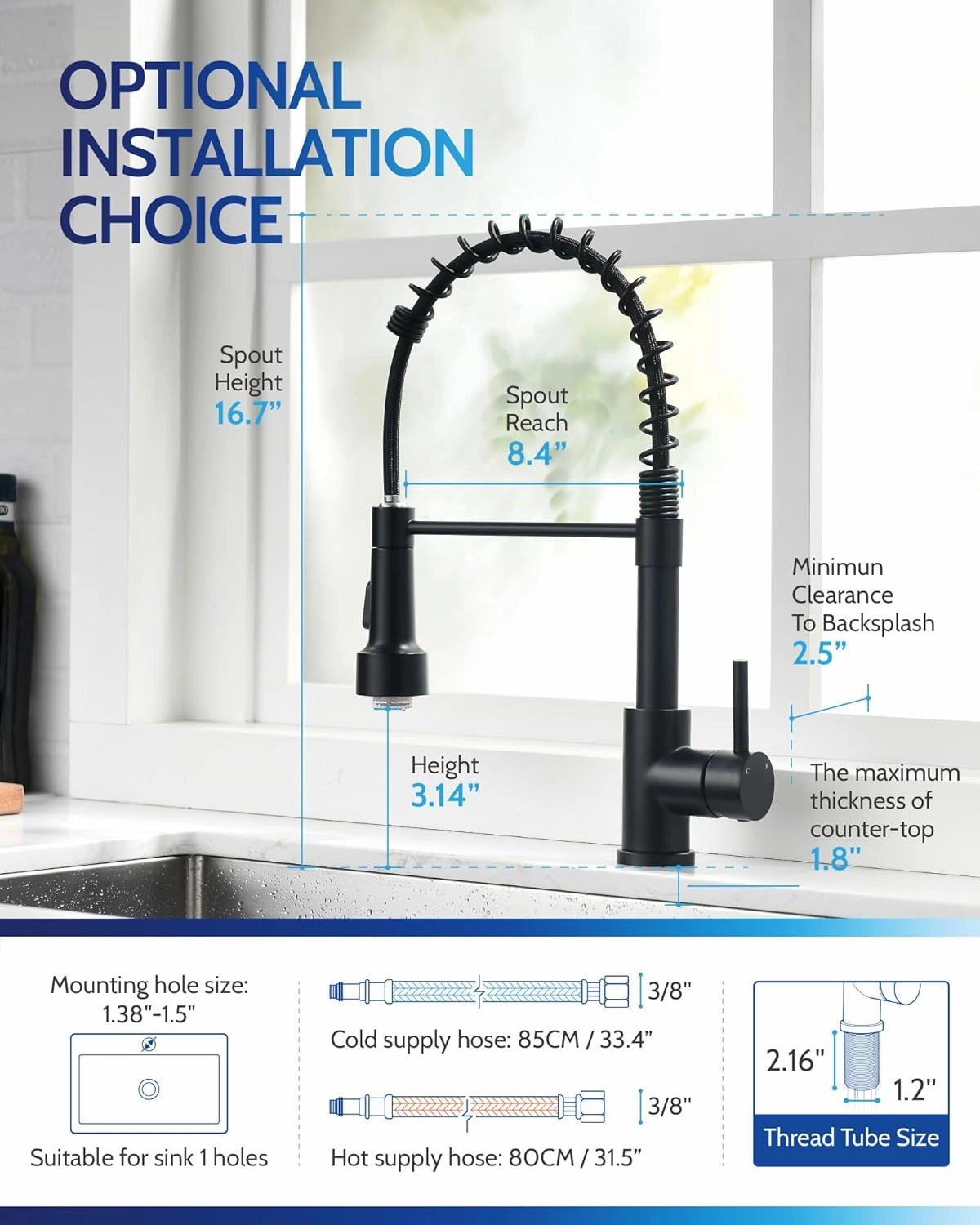 LUFEIDRA Black Kitchen Faucet with Sprayer LED Light, High Arc Kitchen Faucets Single Hole 304 Stainless Steel Kitchen Sink Faucet for Bar Sink Rv, Matte Black