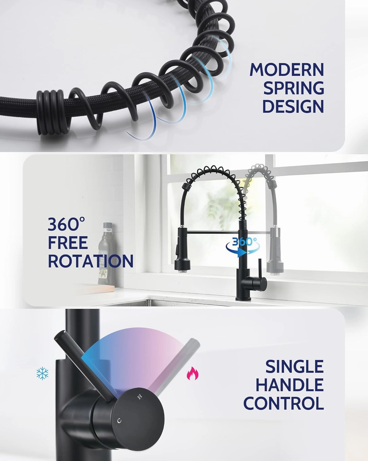 LUFEIDRA Black Kitchen Faucet with Sprayer LED Light, High Arc Kitchen Faucets Single Hole 304 Stainless Steel Kitchen Sink Faucet for Bar Sink Rv, Matte Black