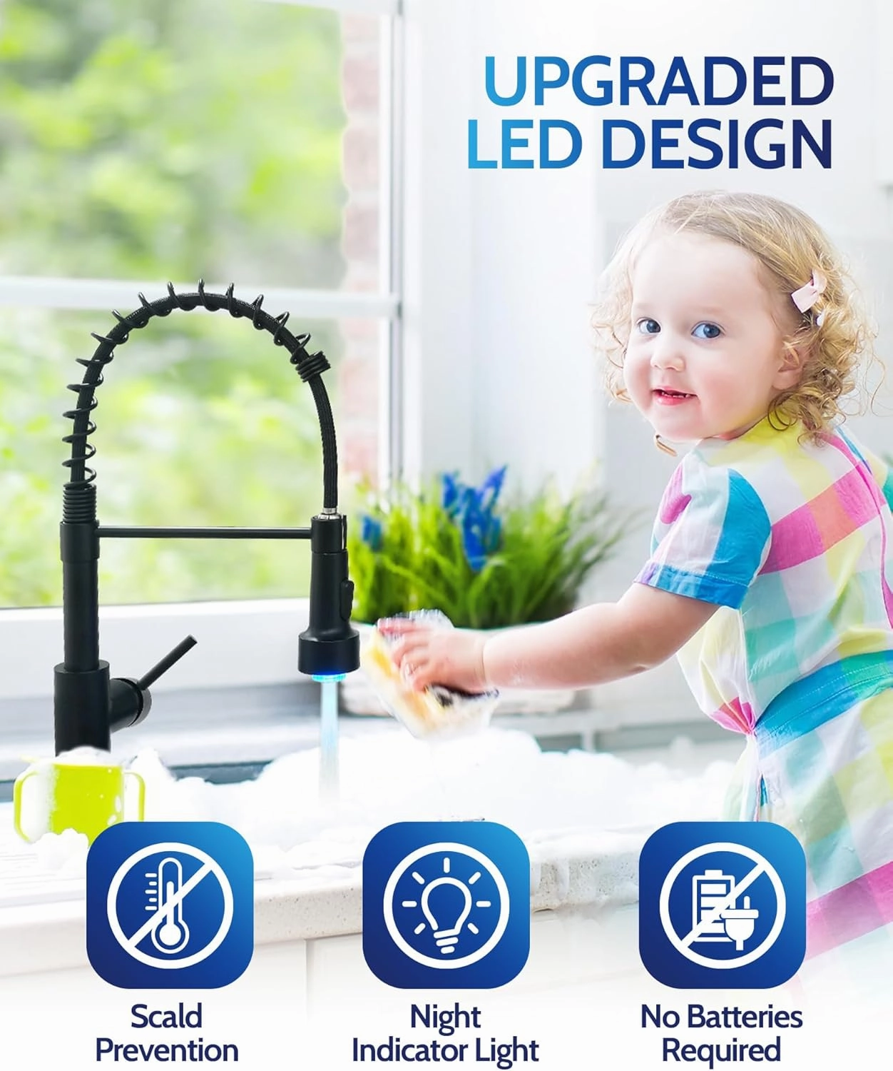 LUFEIDRA Black Kitchen Faucet with Sprayer LED Light, High Arc Kitchen Faucets Single Hole 304 Stainless Steel Kitchen Sink Faucet for Bar Sink Rv, Matte Black