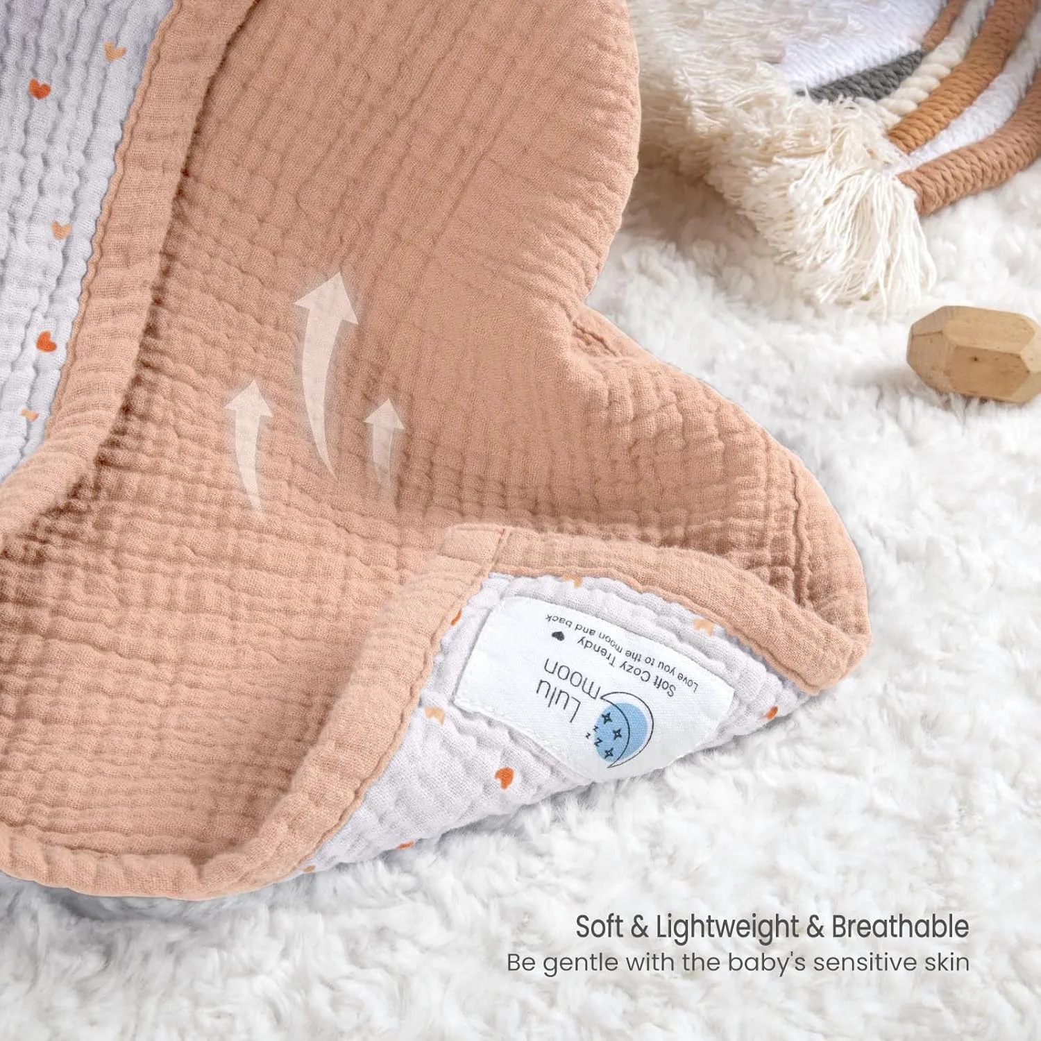 Lulu moon Muslin Baby Blanket - Cotton Quilt Blankets for Toddlers - Reversible Nursery Crib Blanket for Baby Boys and Girls 47"x47"(Peach Pink)