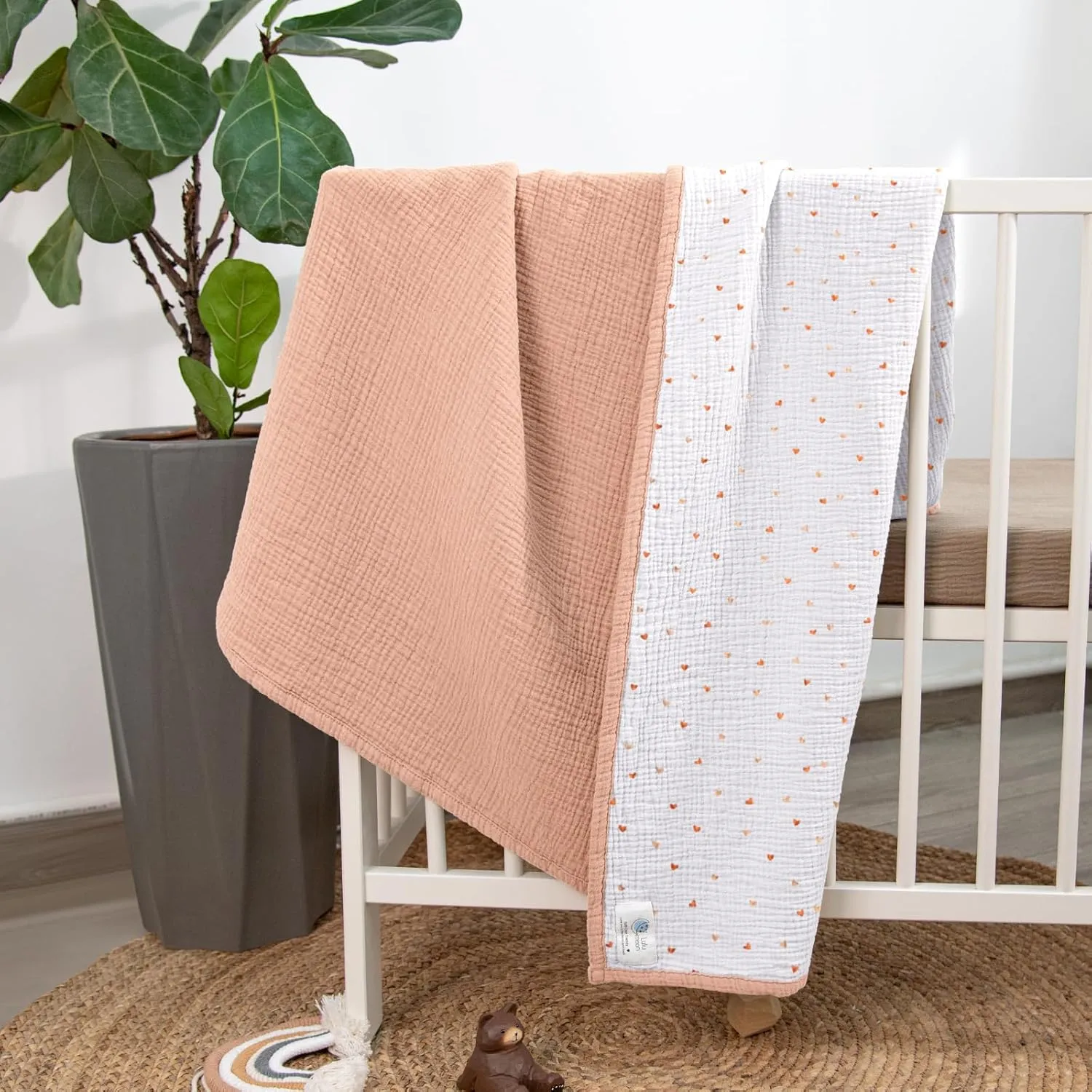 Lulu moon Muslin Baby Blanket - Cotton Quilt Blankets for Toddlers - Reversible Nursery Crib Blanket for Baby Boys and Girls 47"x47"(Peach Pink)
