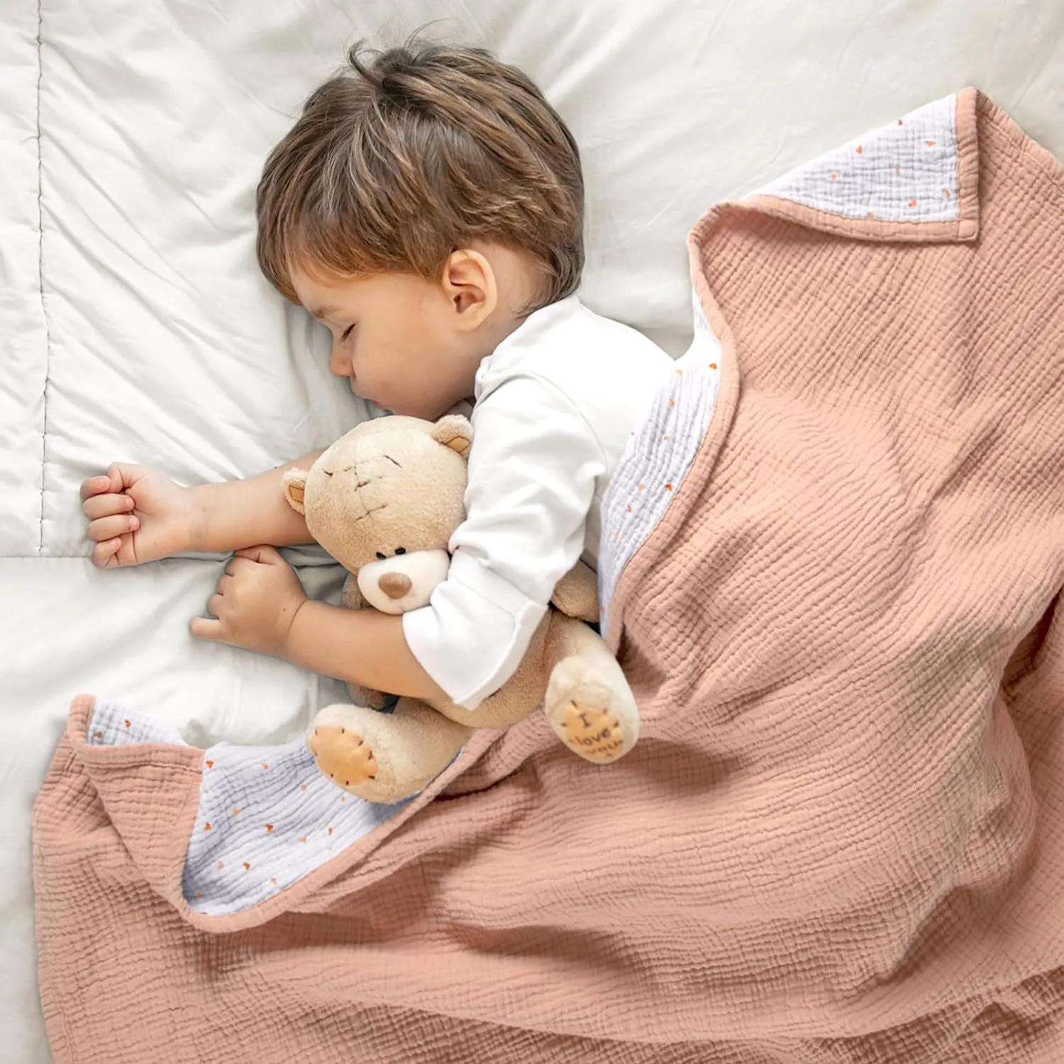 Lulu moon Muslin Baby Blanket - Cotton Quilt Blankets for Toddlers - Reversible Nursery Crib Blanket for Baby Boys and Girls 47"x47"(Peach Pink)