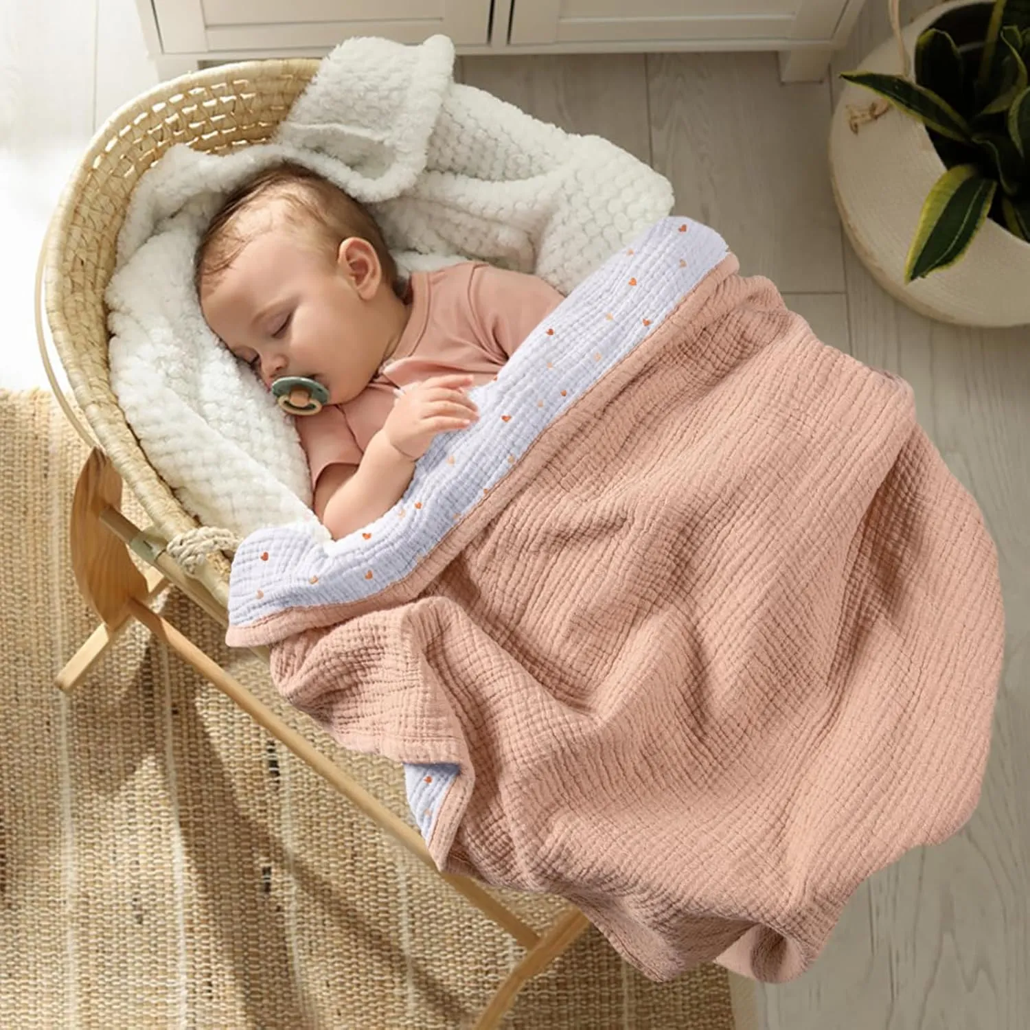Lulu moon Muslin Baby Blanket - Cotton Quilt Blankets for Toddlers - Reversible Nursery Crib Blanket for Baby Boys and Girls 47"x47"(Peach Pink)