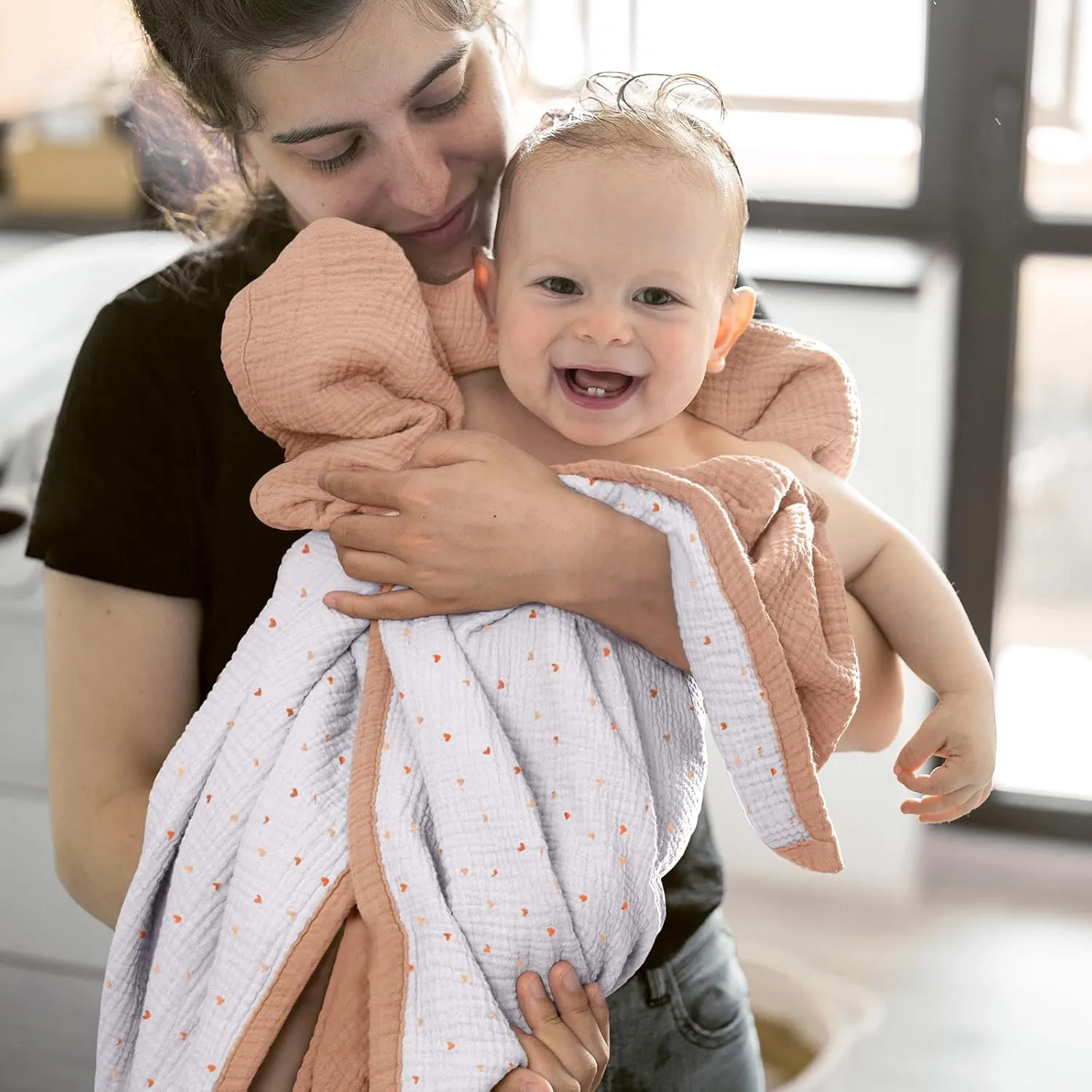 Lulu moon Muslin Baby Blanket - Cotton Quilt Blankets for Toddlers - Reversible Nursery Crib Blanket for Baby Boys and Girls 47"x47"(Peach Pink)