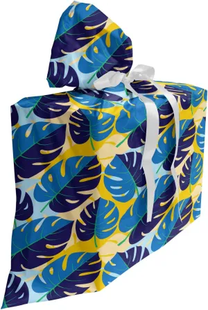 Lunarable Botanical Fabric Gift Bag, Demonstration of Rich Monstera Plantation Tropical Pattern Shades, Present Sack for Parties Birthdays with 3 Ribbons, 27, Indigo and Multicolor