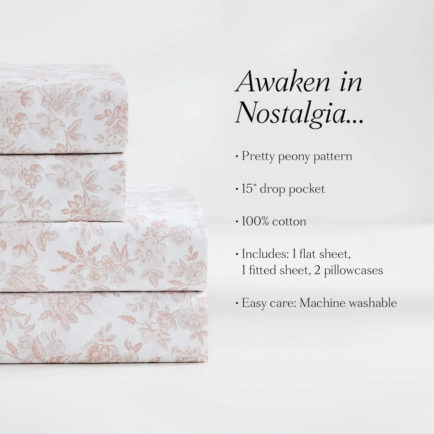 Lush Decor Peony Toile Cotton Sheet Set 4 Piece Set Full Peach - Cotton Sheets - Floral Bed Sheets - Kids Bedding - Pink - Coquette Decor