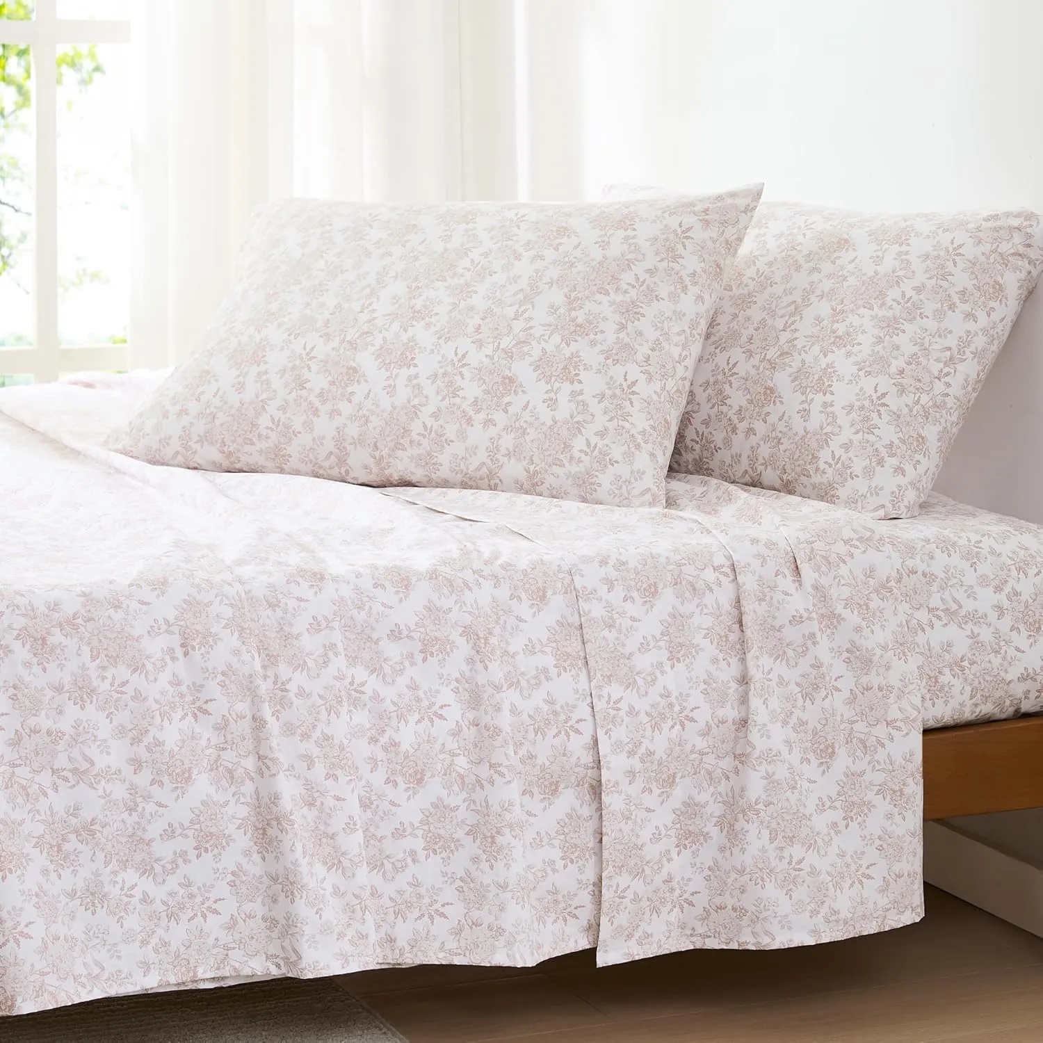 Lush Decor Peony Toile Cotton Sheet Set 4 Piece Set Full Peach - Cotton Sheets - Floral Bed Sheets - Kids Bedding - Pink - Coquette Decor