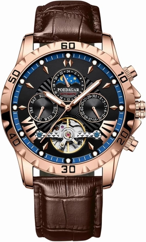 Luxury Automatic Mechanical Watch for Men Hollow Tourbillon Waterproof Luminous Date Week Leather Men's Watches (Rose Blue)