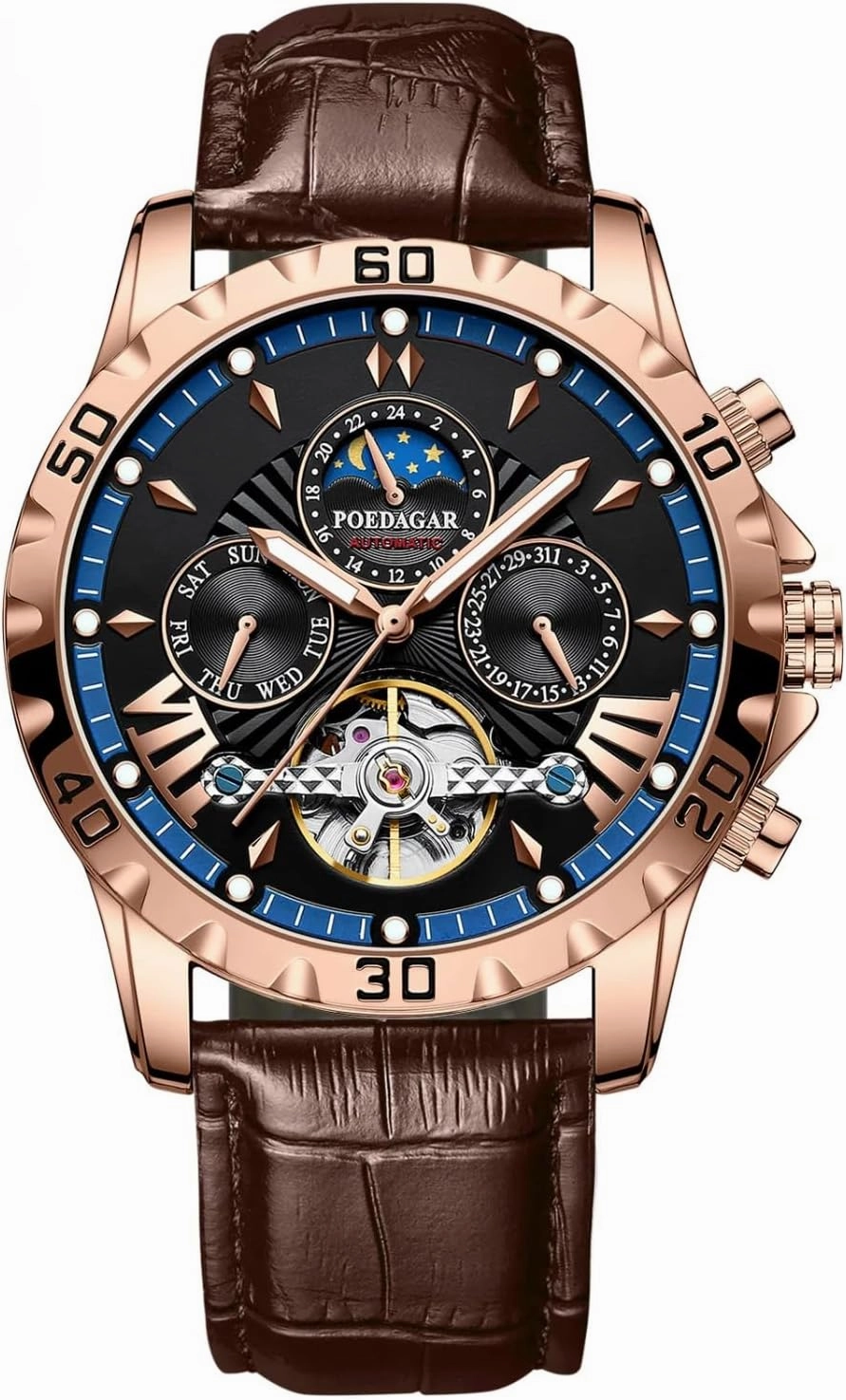 Luxury Automatic Mechanical Watch for Men Hollow Tourbillon Waterproof Luminous Date Week Leather Men's Watches (Rose Blue)