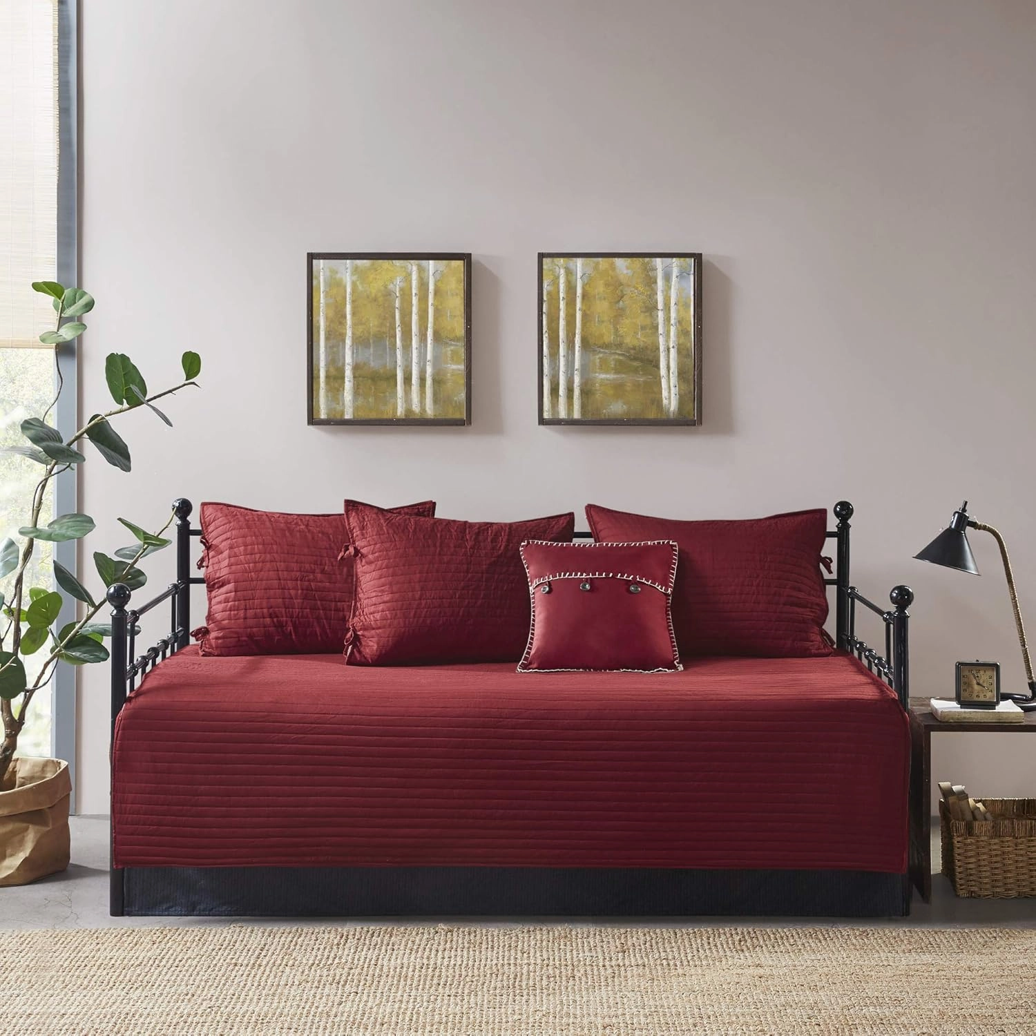 Madison Park Daybed Cover Double Sided Quilting Casual Design All Season Bedding Set with Bedskirt, Matching Shams, Decorative Pillow, 75 in x 39 in, Ridge, Plaid Red