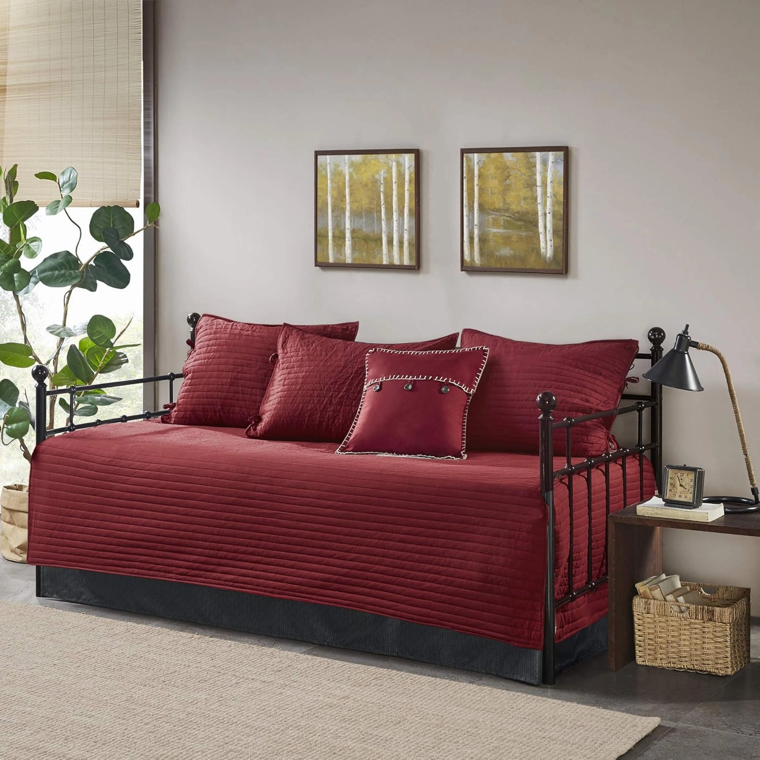 Madison Park Daybed Cover Double Sided Quilting Casual Design All Season Bedding Set with Bedskirt, Matching Shams, Decorative Pillow, 75 in x 39 in, Ridge, Plaid Red