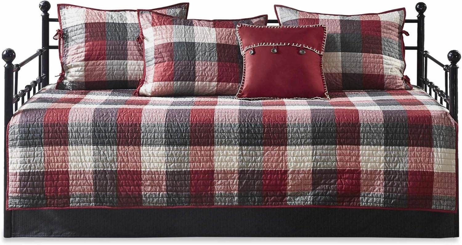Madison Park Daybed Cover Double Sided Quilting Casual Design All Season Bedding Set with Bedskirt, Matching Shams, Decorative Pillow, 75 in x 39 in, Ridge, Plaid Red
