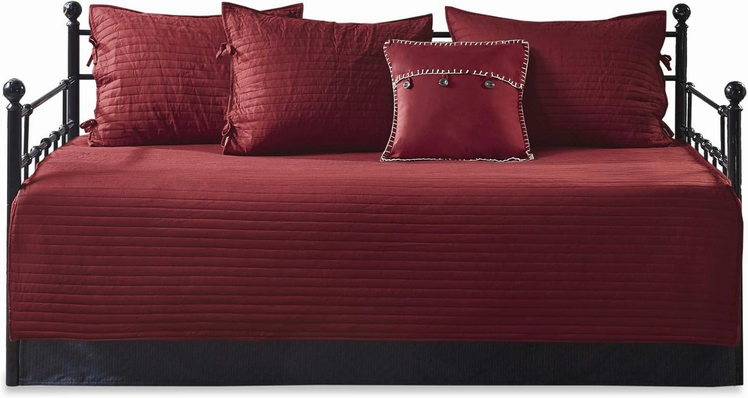 Madison Park Daybed Cover Double Sided Quilting Casual Design All Season Bedding Set with Bedskirt, Matching Shams, Decorative Pillow, 75 in x 39 in, Ridge, Plaid Red