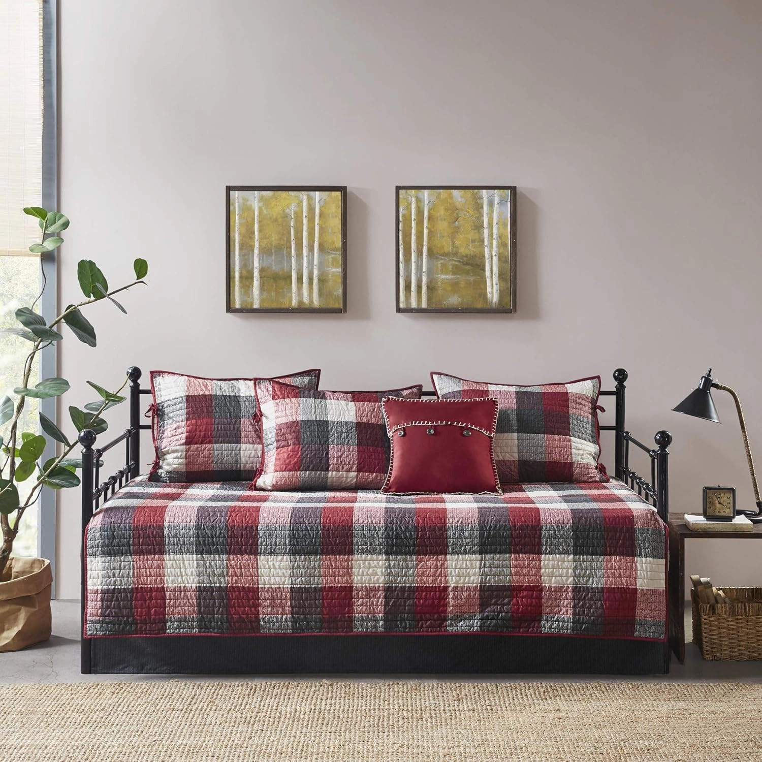 Madison Park Daybed Cover Double Sided Quilting Casual Design All Season Bedding Set with Bedskirt, Matching Shams, Decorative Pillow, 75 in x 39 in, Ridge, Plaid Red