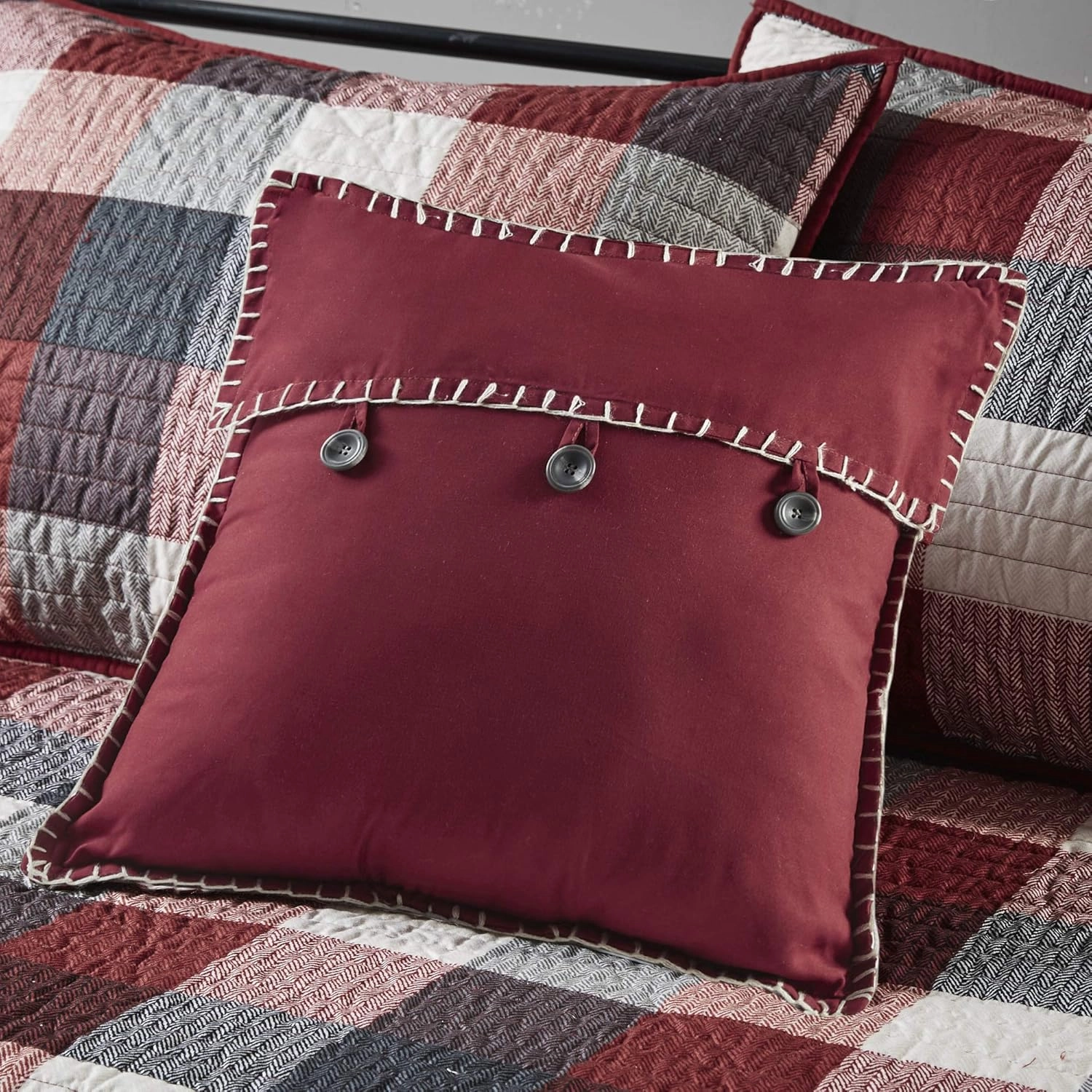Madison Park Daybed Cover Double Sided Quilting Casual Design All Season Bedding Set with Bedskirt, Matching Shams, Decorative Pillow, 75 in x 39 in, Ridge, Plaid Red