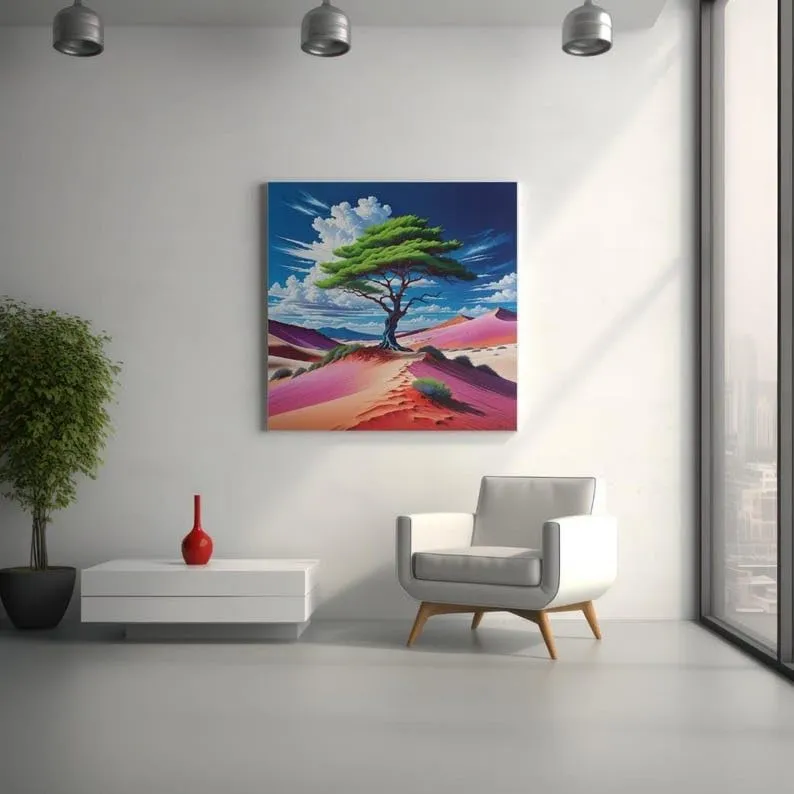 MagicPrint4U Desert Oasis Tree Poster - Vibrant Nature Wall Art for Living Room or Office - Bold Landscape Decor with Green Tree, Pink Sand Dunes & Blue Sky - Unique Gift for Nature Lovers