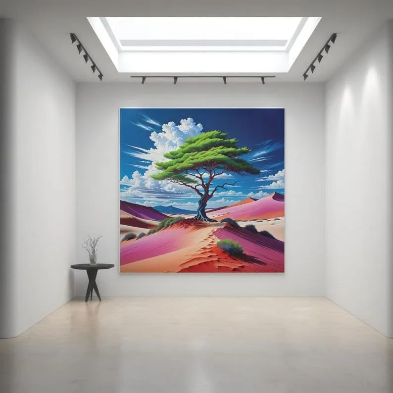 MagicPrint4U Desert Oasis Tree Poster - Vibrant Nature Wall Art for Living Room or Office - Bold Landscape Decor with Green Tree, Pink Sand Dunes & Blue Sky - Unique Gift for Nature Lovers