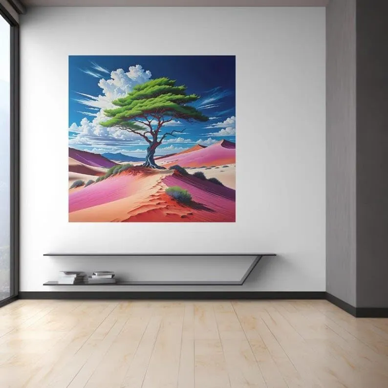 MagicPrint4U Desert Oasis Tree Poster - Vibrant Nature Wall Art for Living Room or Office - Bold Landscape Decor with Green Tree, Pink Sand Dunes & Blue Sky - Unique Gift for Nature Lovers