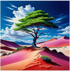 MagicPrint4U Desert Oasis Tree Poster - Vibrant Nature Wall Art for Living Room or Office - Bold Landscape Decor with Green Tree, Pink Sand Dunes & Blue Sky - Unique Gift for Nature Lovers