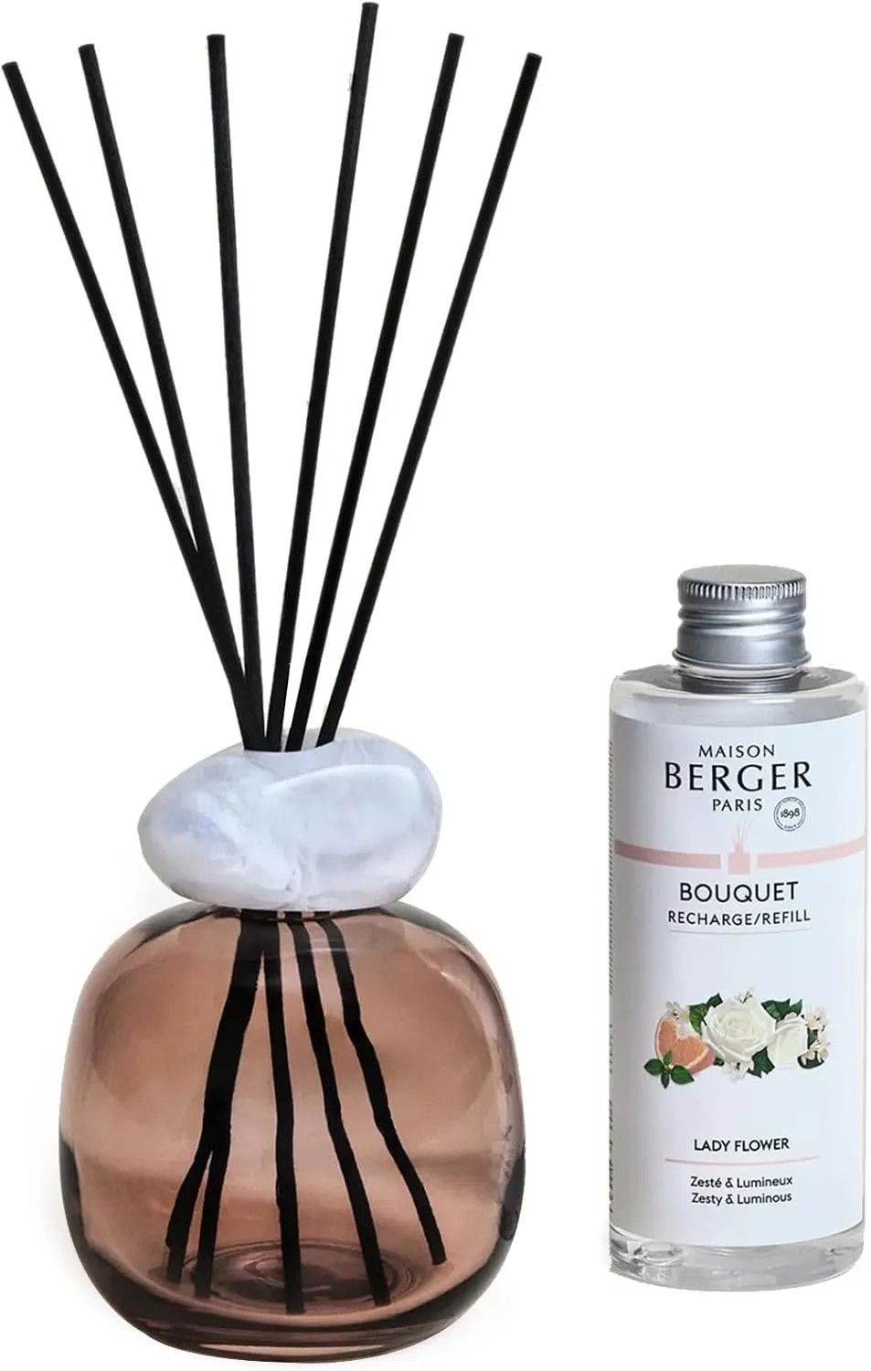 MAISON BERGER - Reed Diffuser - Model Mineral - Scented Bouquet with 6 Reed Sticks - 3.15 x 3.15 x 9.45 inches - 6 Fluid Ounces Lampe Berger Home Fragrance Bottle (Plum White - Lady Flower)