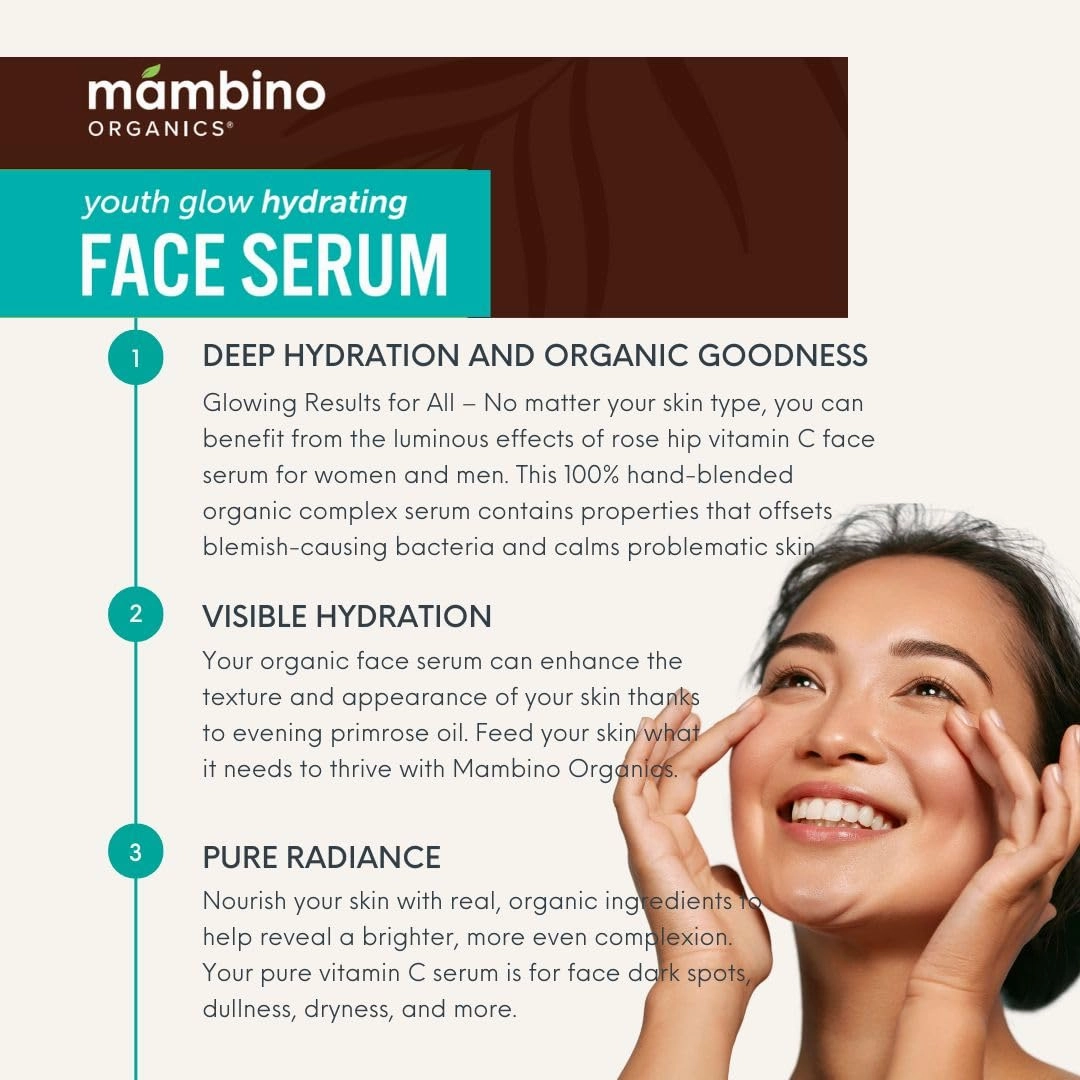 Mambino Organics Youth Glow Hydrating Serum – Organic, Face Serum with Namibian Marula – Nourishing Omegas & Vitamin C for Dryness, Dark Spots, Dullness – Cruelty-Free Skin Care, 1 fl oz