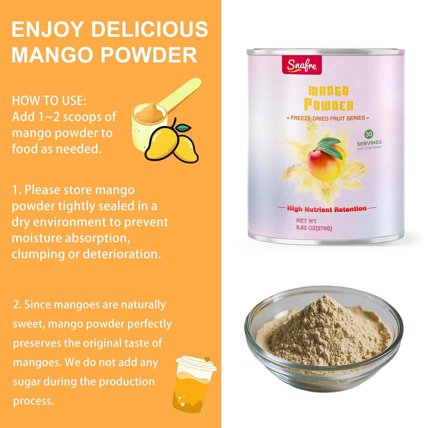 Mango Powder, Freeze Dried Mango Powder, 9.52OZ/270G, No Sugar Added, No Additives, for Beverages, Smoothies, Juices, Drinks, Baking