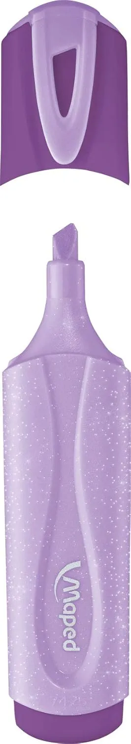 Maped Fluo Peps Pastel Glitter Highlighters - Pack of 12 - Innovative Dual-Beveled Tip - Enhanced Visibility - 4 Vibrant Colors