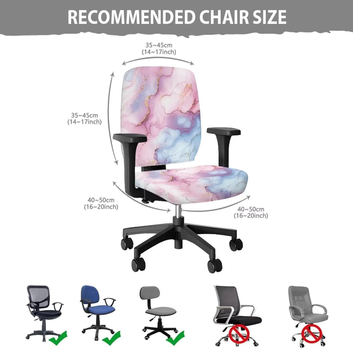 Marble Print Blue Pink Office Chair Covers Elastic Breathable Desk Chair Seat Protector Easy to Remove Universal High Back Chair Slipcover for Home Decor, 2 PCS