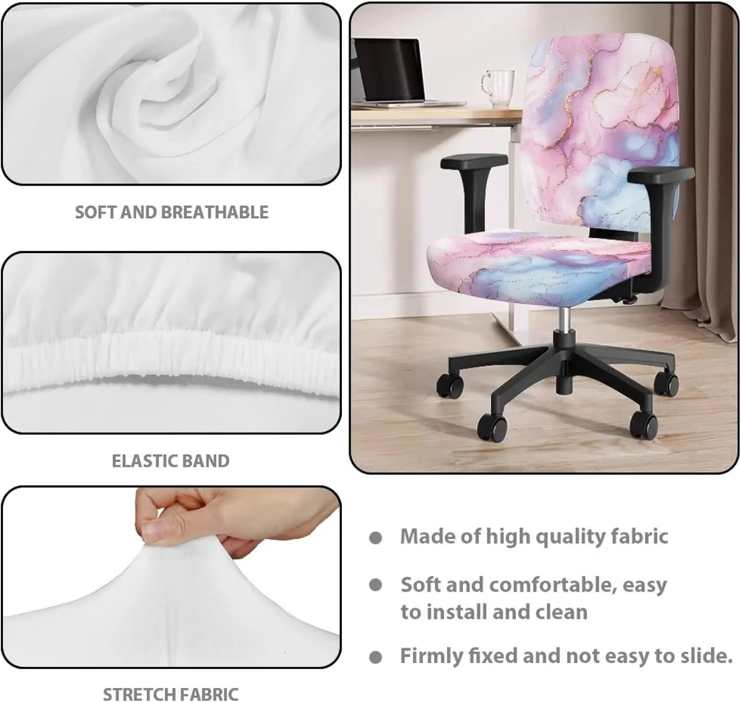 Marble Print Blue Pink Office Chair Covers Elastic Breathable Desk Chair Seat Protector Easy to Remove Universal High Back Chair Slipcover for Home Decor, 2 PCS