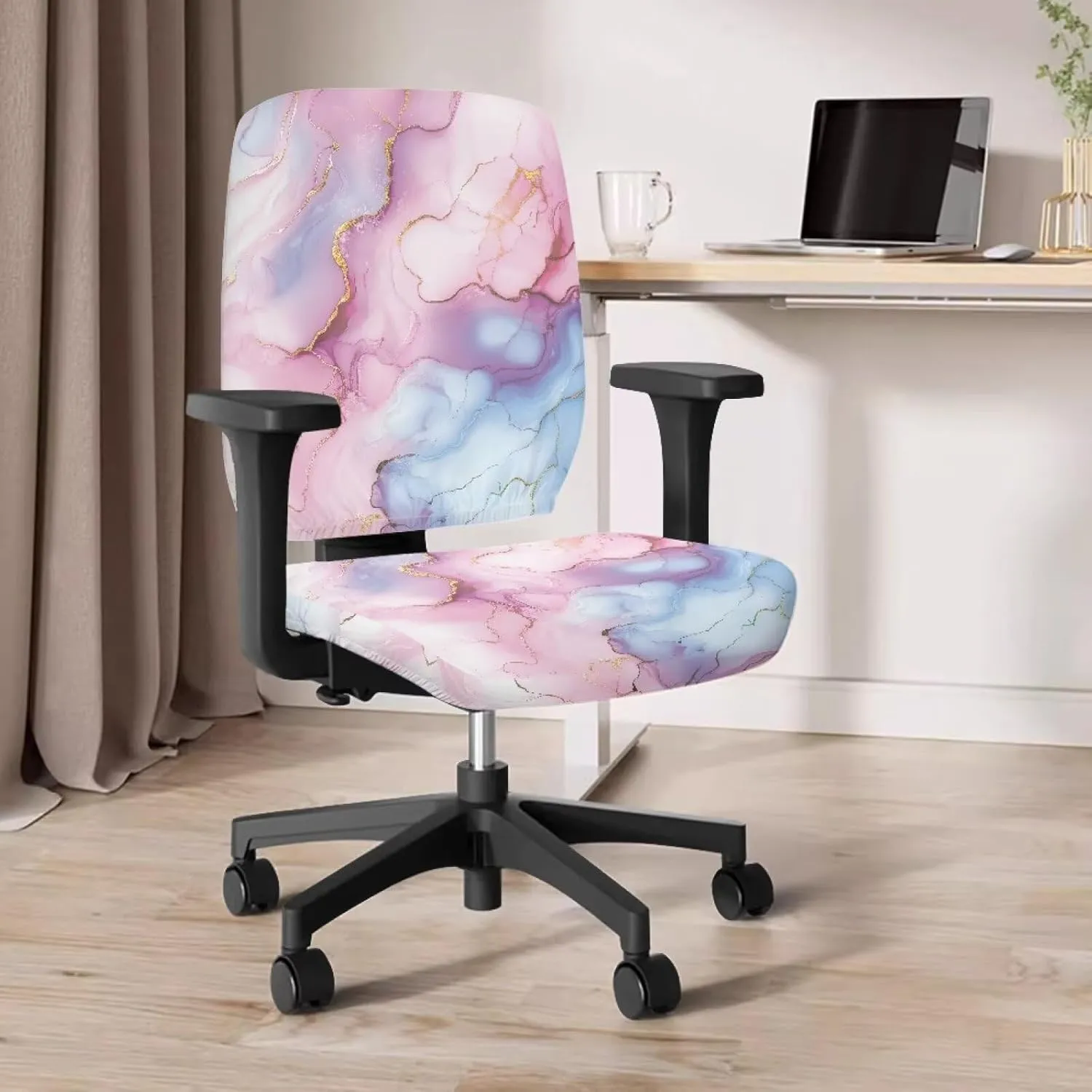 Marble Print Blue Pink Office Chair Covers Elastic Breathable Desk Chair Seat Protector Easy to Remove Universal High Back Chair Slipcover for Home Decor, 2 PCS