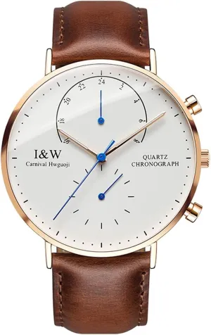 MASTOP Men's Dual Time Zone Analog Luminous Quartz Watch Ultra-Thin Rose Gold Stainless Steel Case Calfskin Band