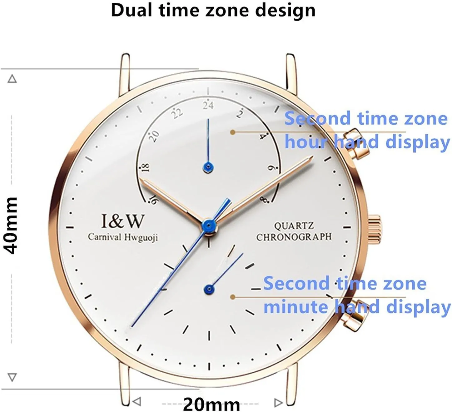 MASTOP Men's Dual Time Zone Analog Luminous Quartz Watch Ultra-Thin Rose Gold Stainless Steel Case Calfskin Band