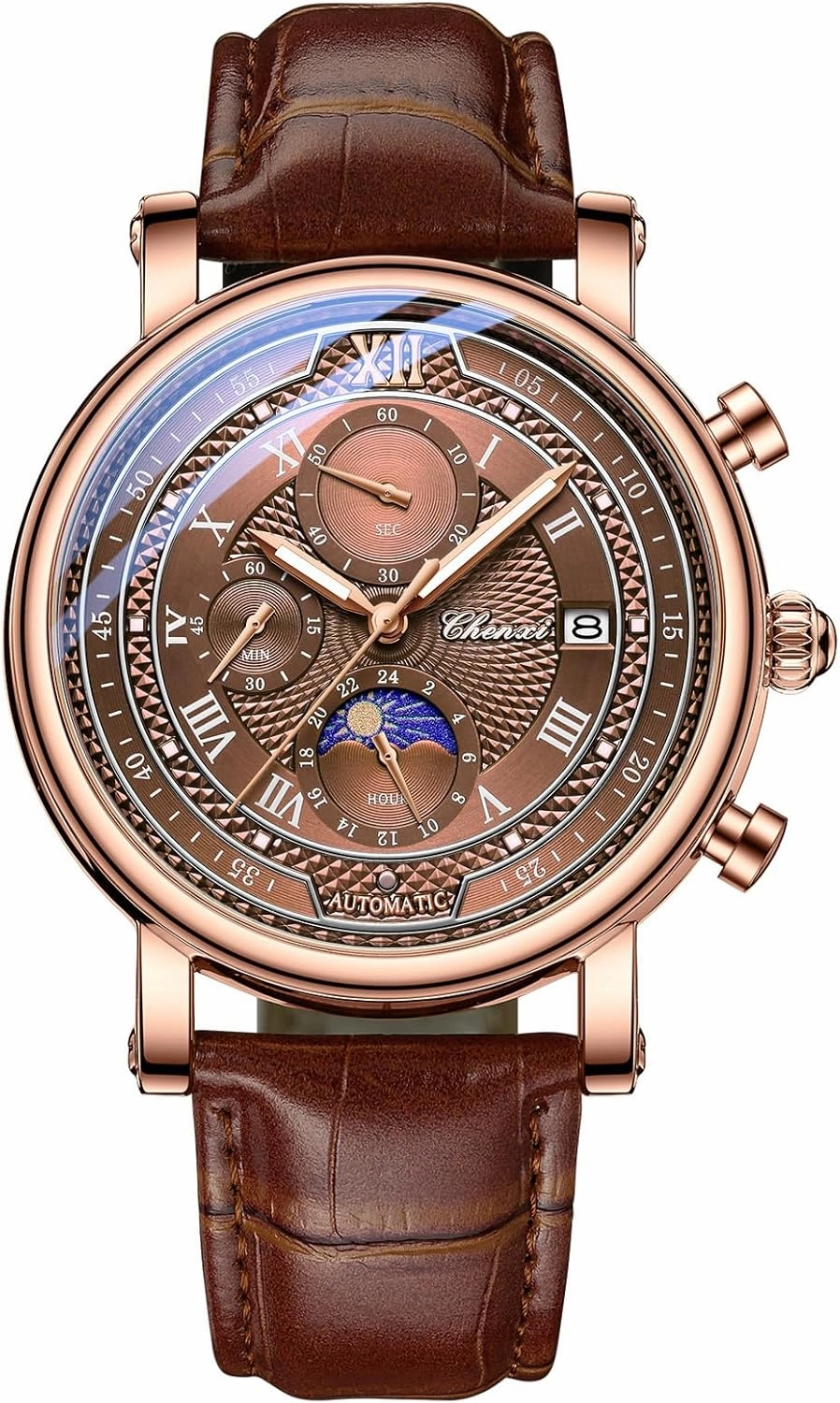MASTOP Men's Fashionable Casual Leather Watch Classic Quartz Analog Business Wrist Watch Moon Dial Waterproof Watch with Auto Date Chronograph (Rose Brown)