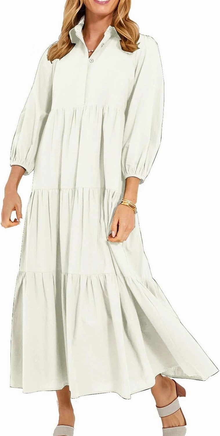 Maxi Dress for Women Casual 2024 Button Down V-Neck Lapel a Line Pleated Shirt Dress Plus Size Fall Flowy Long Dress